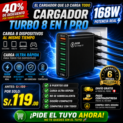 NUEVO CARGADOR TURBO 8 EN 1 168 W