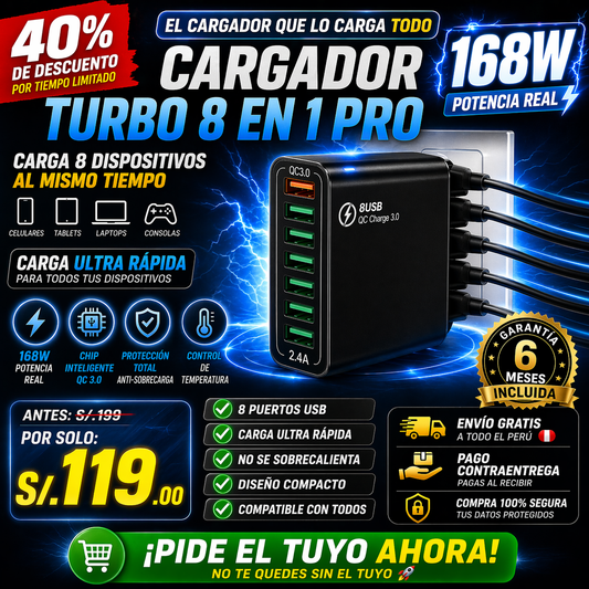 NUEVO CARGADOR TURBO 8 EN 1 168 W