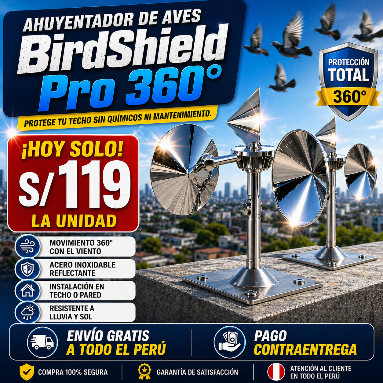 Nuevo Ahuyentador de Aves BirdShield Pro 360°