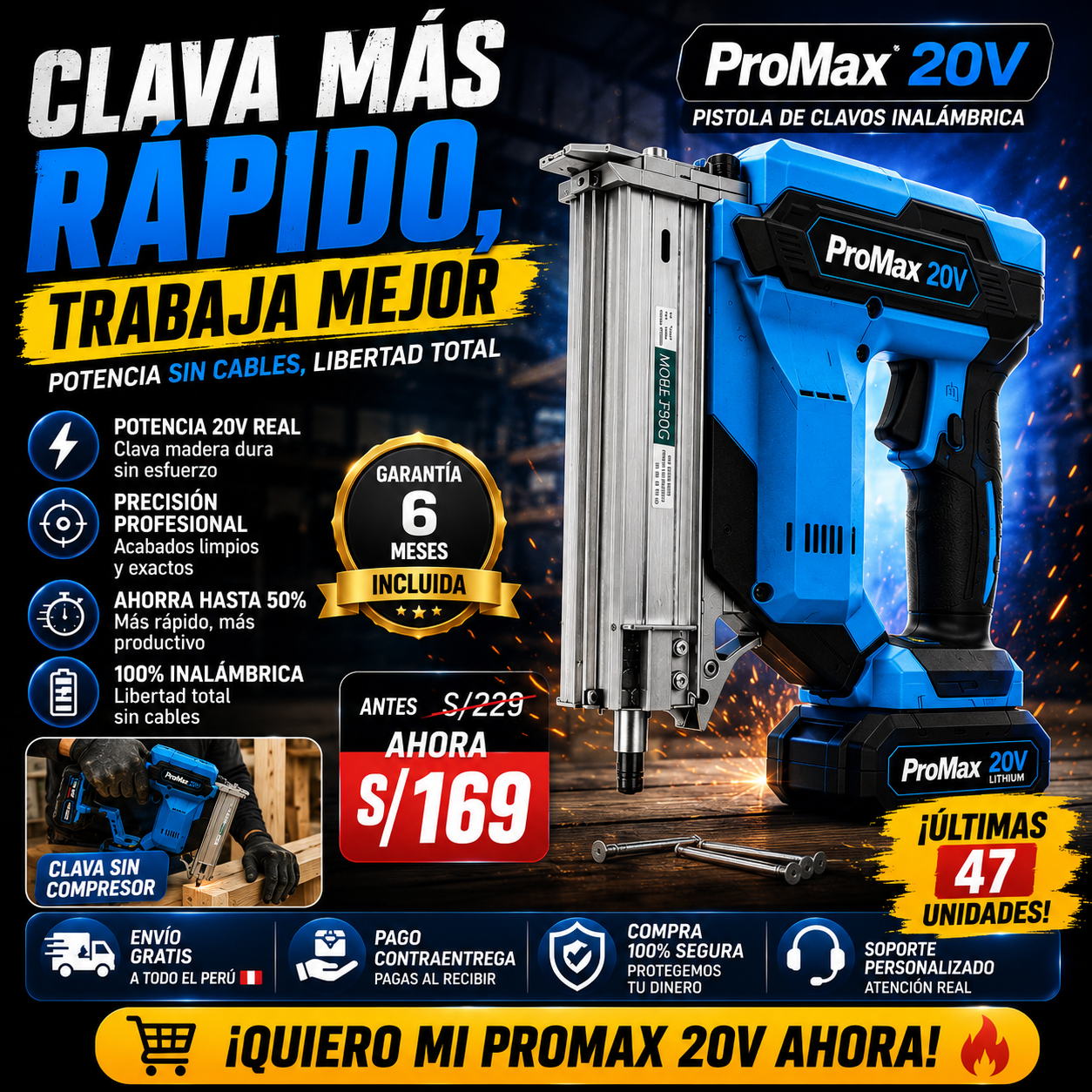 NUEVA PISTOLA DE CLAVOS INALÁMBRICA PROMAX 20V
