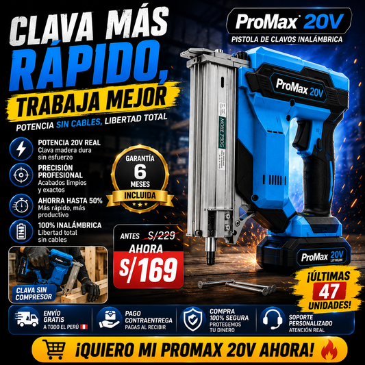 NUEVA PISTOLA DE CLAVOS INALÁMBRICA PROMAX 20V