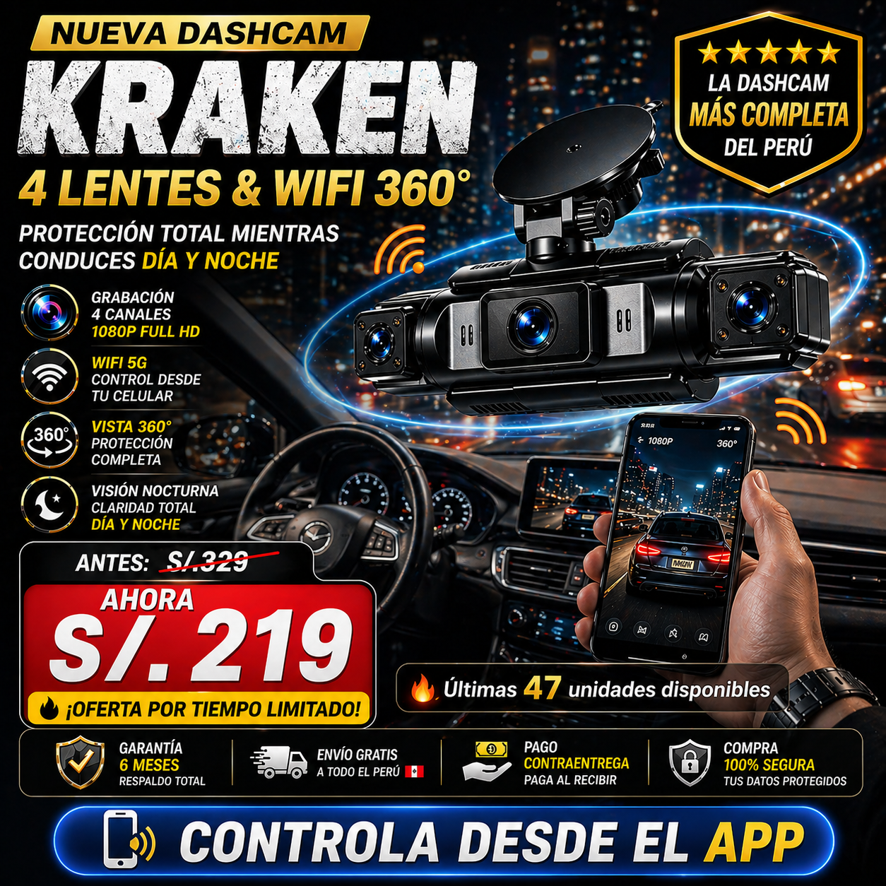 NUEVA DASHCAM KRAKEN WIFI 4 LENTES 360°